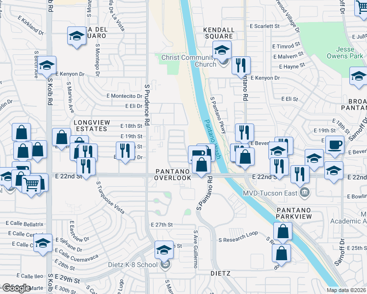 map of restaurants, bars, coffee shops, grocery stores, and more near 7655 East Saguaro Overlook Drive in Tucson