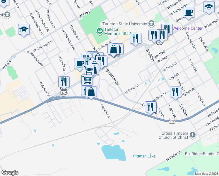 map of restaurants, bars, coffee shops, grocery stores, and more near 230 South Greenview Drive in Stephenville