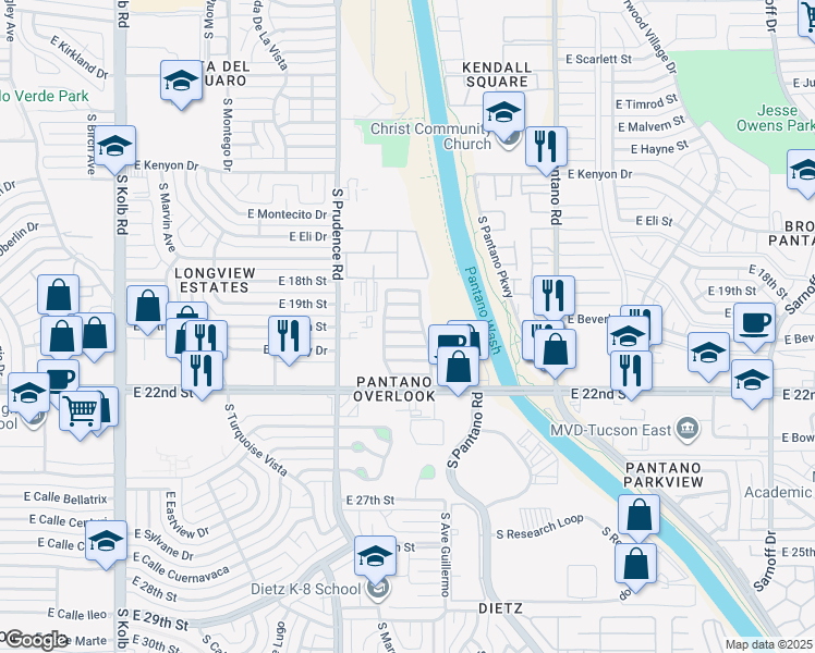 map of restaurants, bars, coffee shops, grocery stores, and more near 7629 East Ocotillo Overlook Drive in Tucson