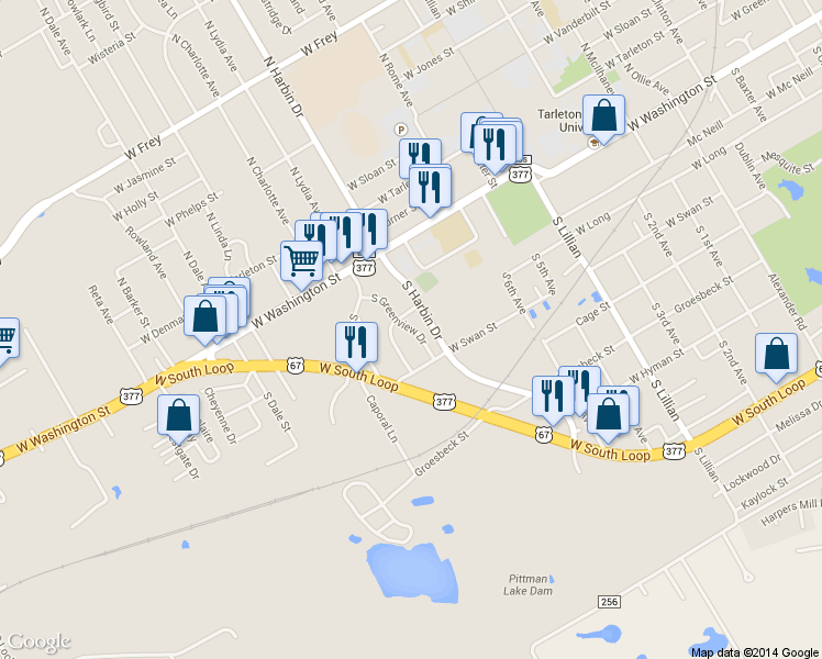 map of restaurants, bars, coffee shops, grocery stores, and more near 230 South Greenview Drive in Stephenville