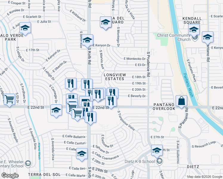 map of restaurants, bars, coffee shops, grocery stores, and more near 7232 East 19th Street in Tucson