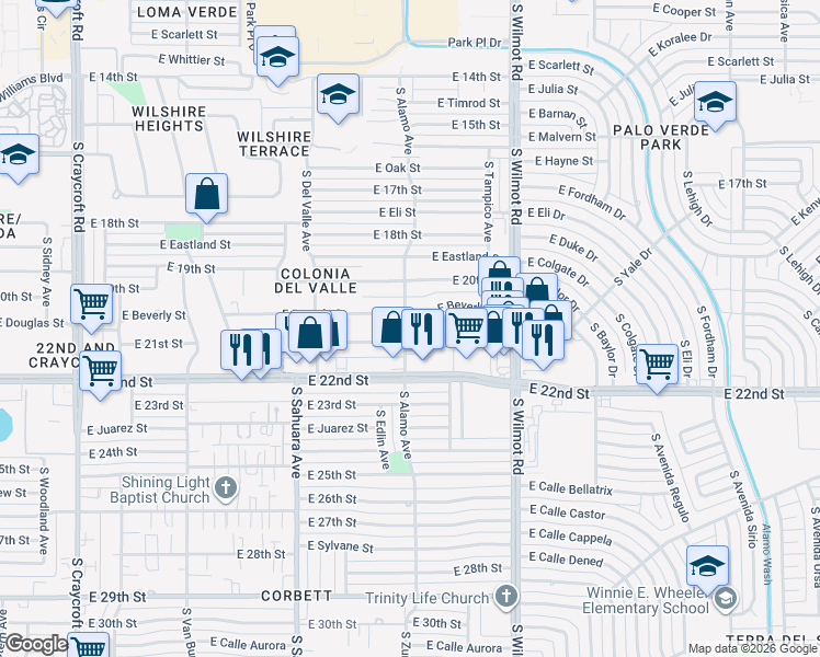 map of restaurants, bars, coffee shops, grocery stores, and more near 6102 East 21st Street in Tucson