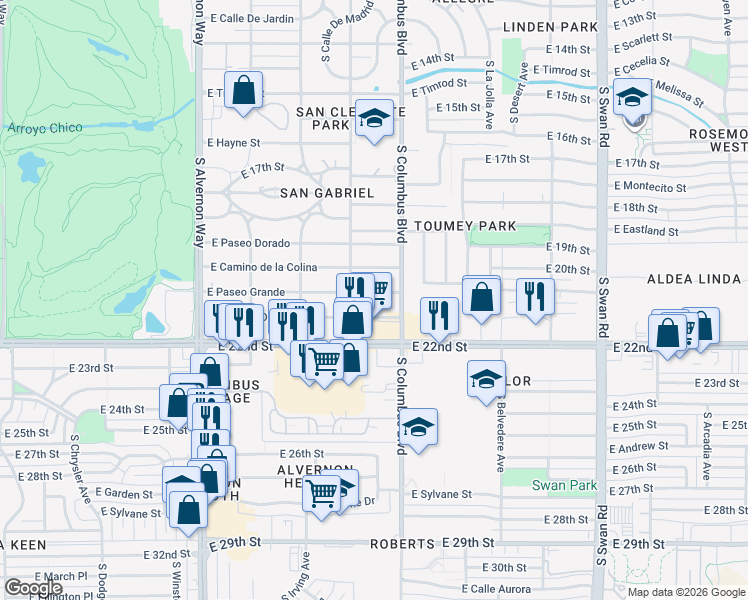 map of restaurants, bars, coffee shops, grocery stores, and more near 4205 East Camino De Palmas in Tucson