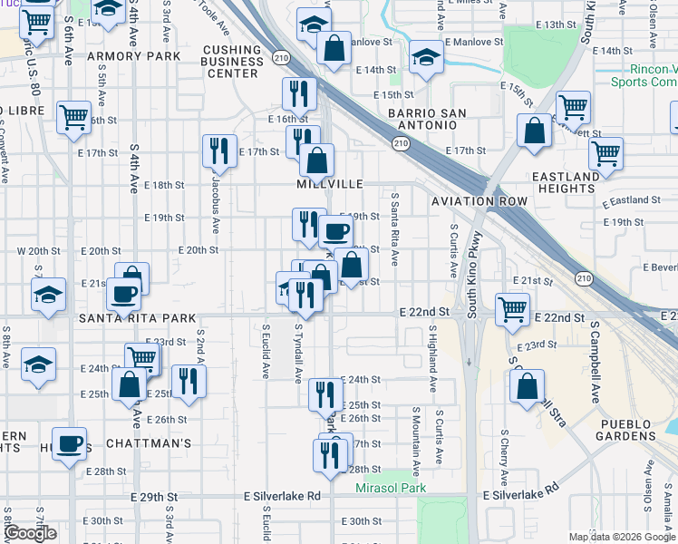 map of restaurants, bars, coffee shops, grocery stores, and more near 51110 East 21st Street in Tucson