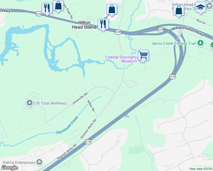 map of restaurants, bars, coffee shops, grocery stores, and more near 32 Jonesville Road in Hilton Head Island
