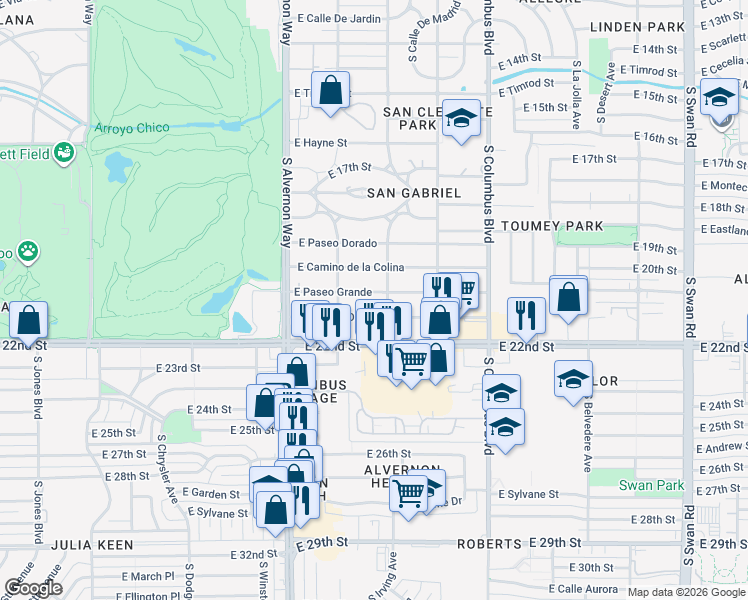 map of restaurants, bars, coffee shops, grocery stores, and more near 4064 East Camino De Palmas in Tucson