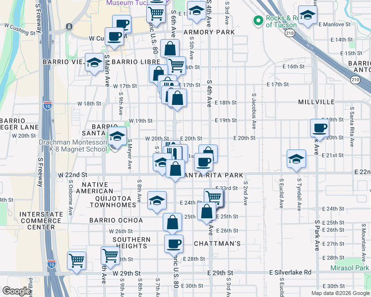 map of restaurants, bars, coffee shops, grocery stores, and more near 1031 South Arizona Avenue in Tucson