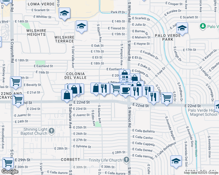 map of restaurants, bars, coffee shops, grocery stores, and more near 6172 East 21st Street in Tucson