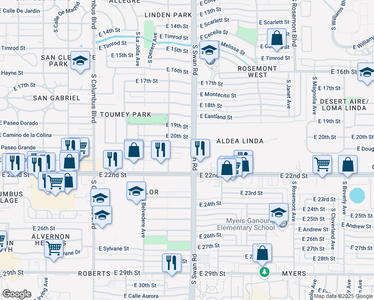 map of restaurants, bars, coffee shops, grocery stores, and more near 4649 East 22nd Street in Tucson