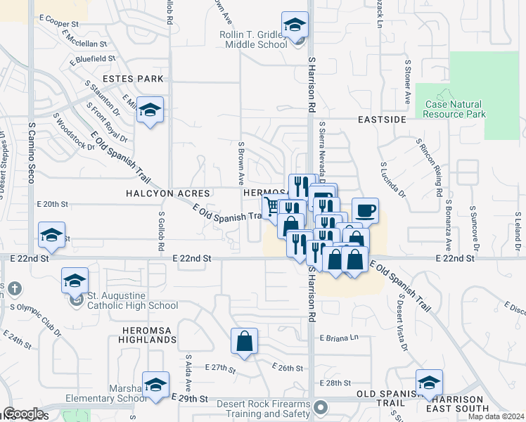 map of restaurants, bars, coffee shops, grocery stores, and more near 9324 East Magdalena Road in Tucson