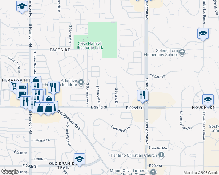 map of restaurants, bars, coffee shops, grocery stores, and more near 10051 East Susan Rae Place in Tucson