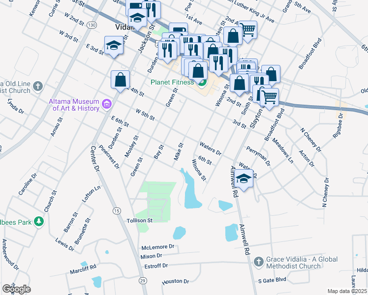 map of restaurants, bars, coffee shops, grocery stores, and more near 609 5th Street in Vidalia
