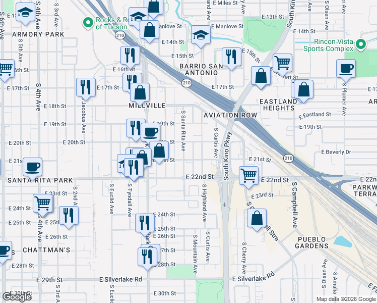 map of restaurants, bars, coffee shops, grocery stores, and more near 1220 East 20th Street in Tucson