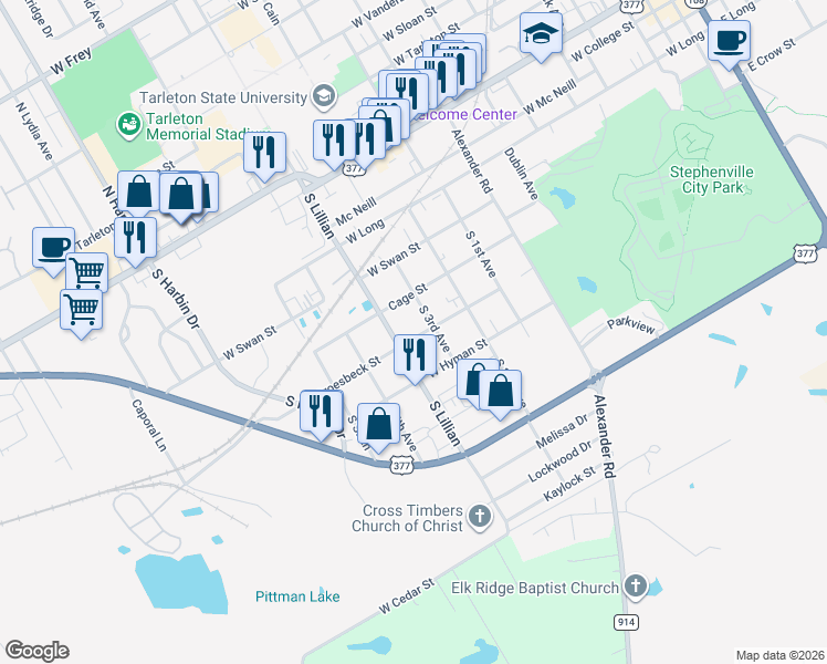 map of restaurants, bars, coffee shops, grocery stores, and more near 650 South 3rd Avenue in Stephenville
