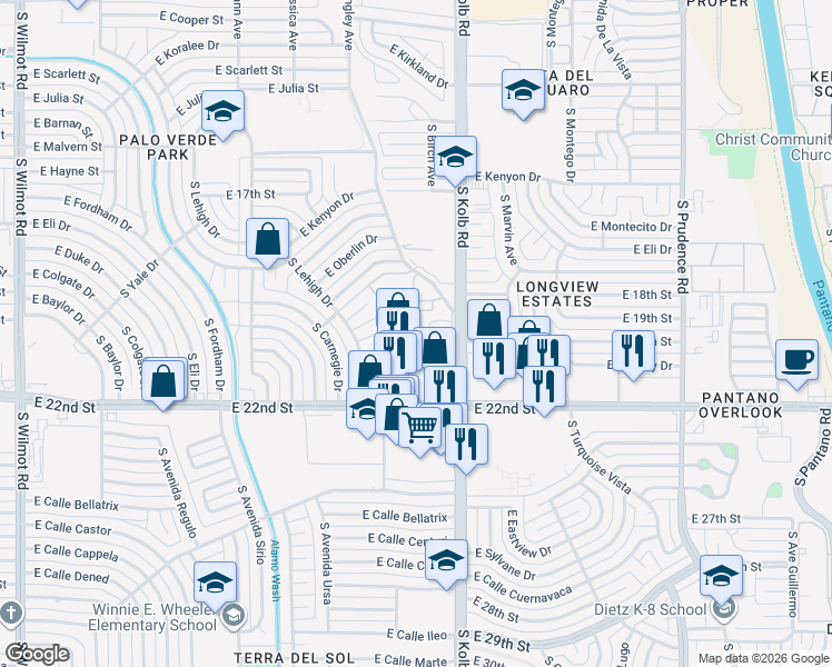 map of restaurants, bars, coffee shops, grocery stores, and more near 842 South Langley Avenue in Tucson