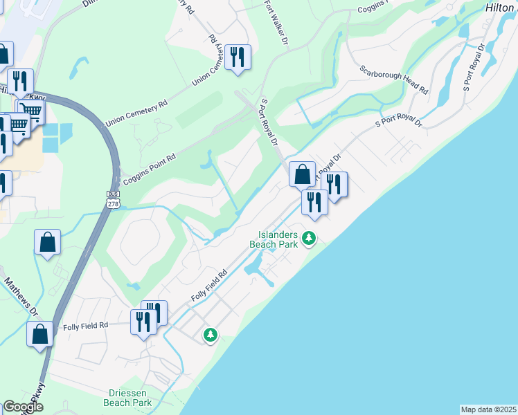 map of restaurants, bars, coffee shops, grocery stores, and more near 8 Wimbledon Court in Hilton Head Island