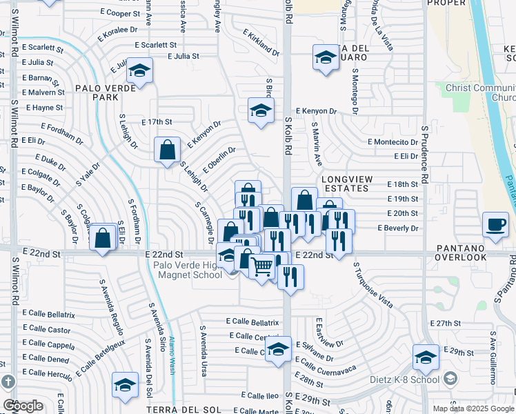 map of restaurants, bars, coffee shops, grocery stores, and more near 830 South Langley Avenue in Tucson