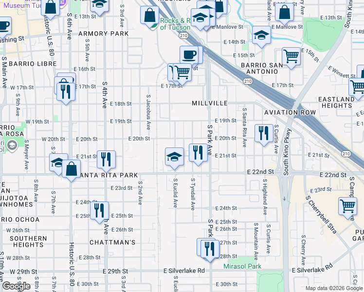 map of restaurants, bars, coffee shops, grocery stores, and more near 744 East 20th Street in Tucson