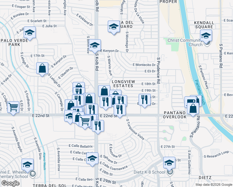 map of restaurants, bars, coffee shops, grocery stores, and more near 7221 East Beverly Drive in Tucson