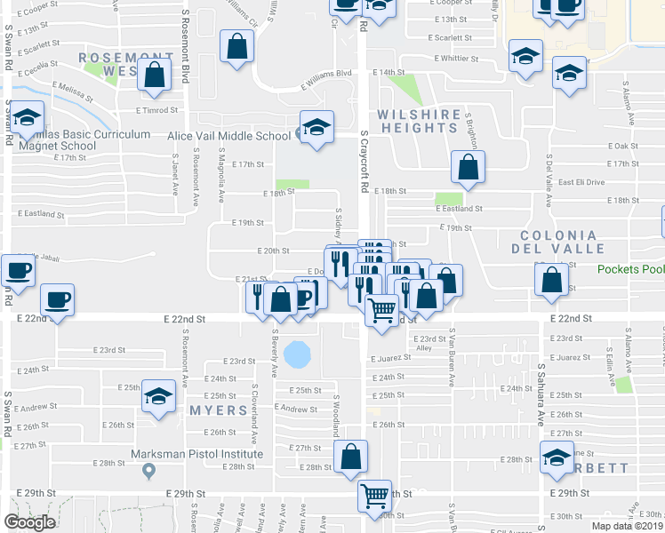 map of restaurants, bars, coffee shops, grocery stores, and more near 5416 East 20th Street in Tucson