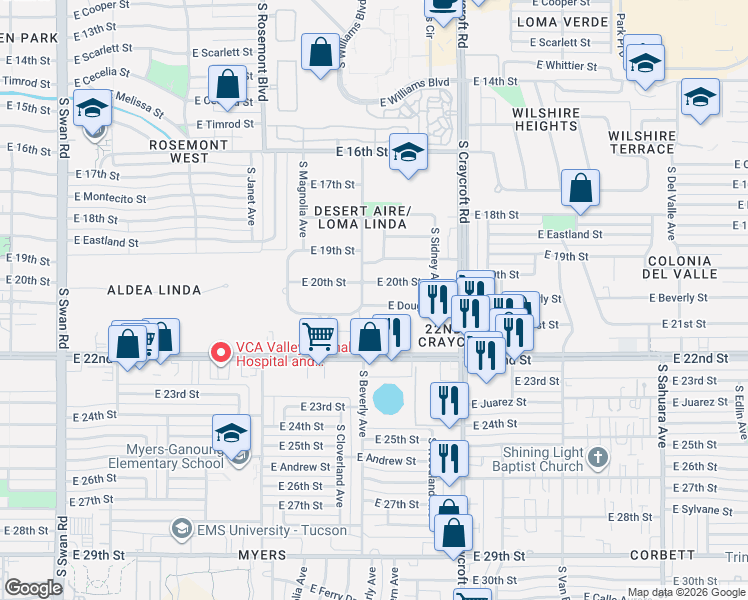 map of restaurants, bars, coffee shops, grocery stores, and more near 5326 East 20th Street in Tucson