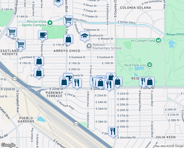 map of restaurants, bars, coffee shops, grocery stores, and more near 2738 East 20th Street in Tucson