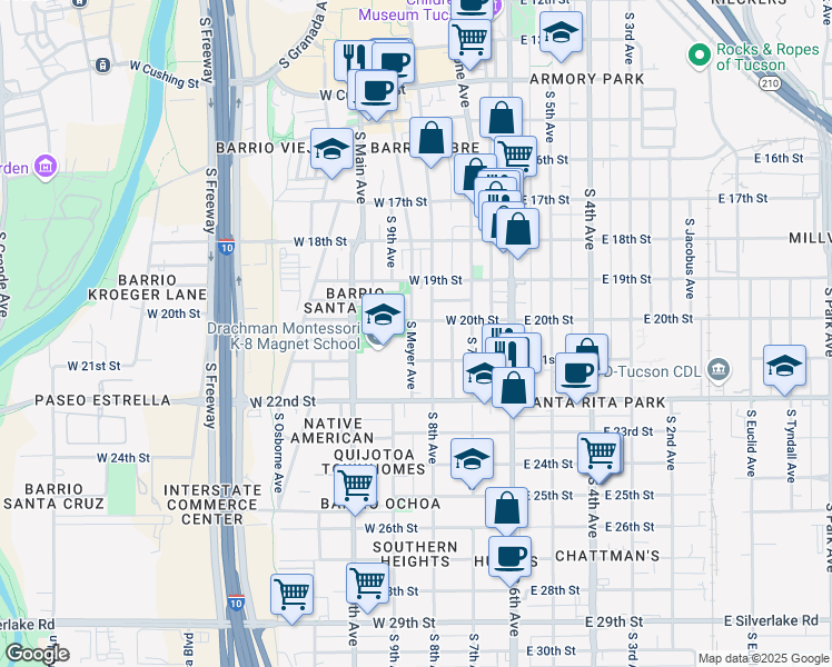 map of restaurants, bars, coffee shops, grocery stores, and more near 949 South 8th Avenue in Tucson