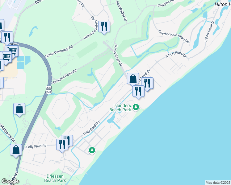 map of restaurants, bars, coffee shops, grocery stores, and more near 8 Wimbledon Court in Hilton Head Island