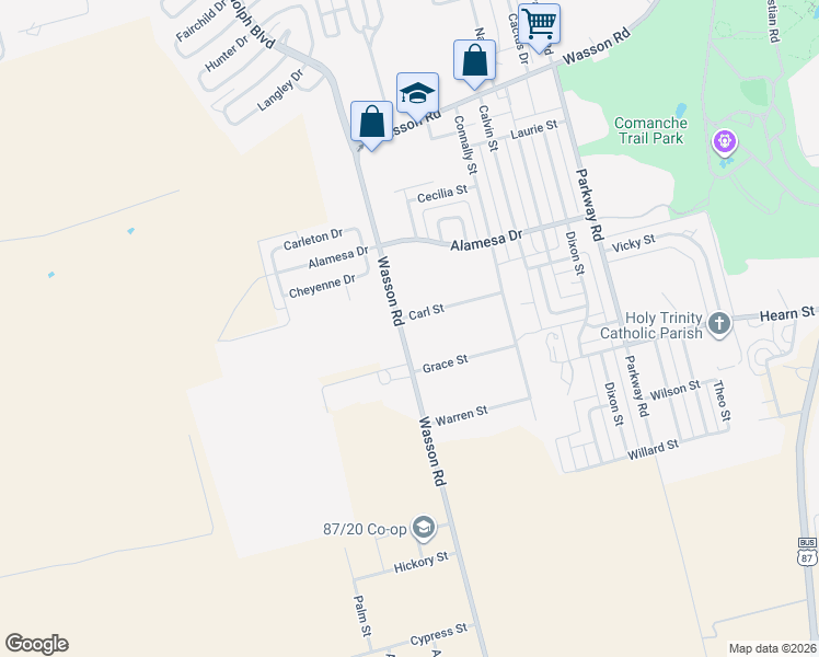 map of restaurants, bars, coffee shops, grocery stores, and more near 2100-2398 Carl Street in Big Spring