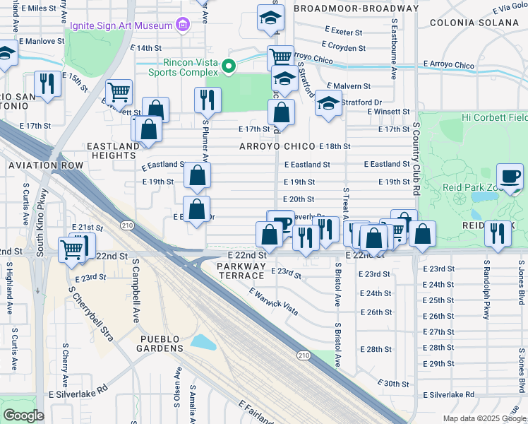 map of restaurants, bars, coffee shops, grocery stores, and more near 2419 East Beverly Drive in Tucson