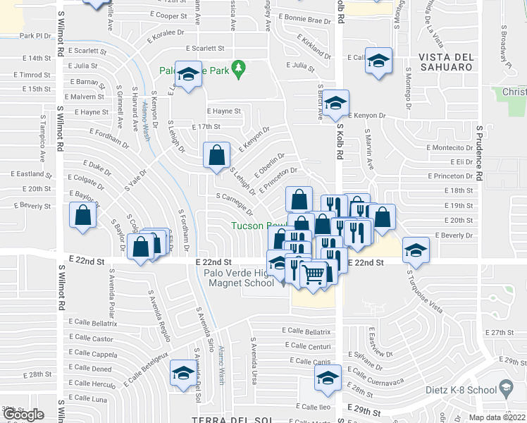 map of restaurants, bars, coffee shops, grocery stores, and more near 1010 South Lehigh Drive in Tucson