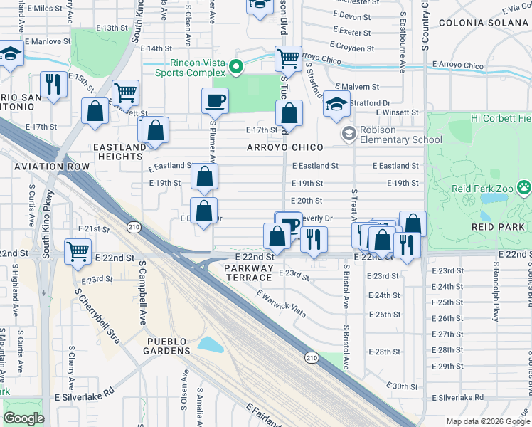 map of restaurants, bars, coffee shops, grocery stores, and more near 2334 East 20th Street in Tucson