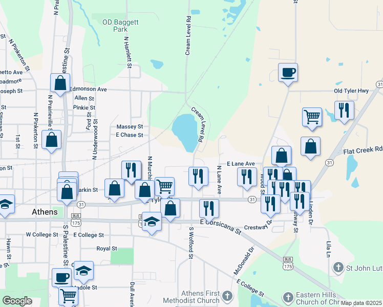 map of restaurants, bars, coffee shops, grocery stores, and more near 901 North Wofford Street in Athens