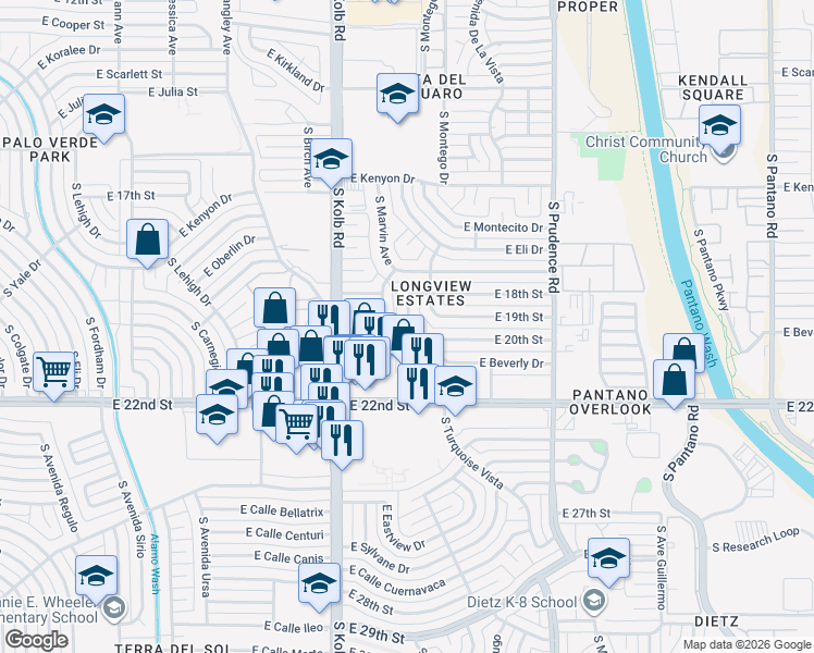 map of restaurants, bars, coffee shops, grocery stores, and more near 7221 East Beverly Drive in Tucson