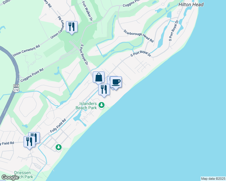 map of restaurants, bars, coffee shops, grocery stores, and more near 5 Grasslawn Avenue in Hilton Head Island