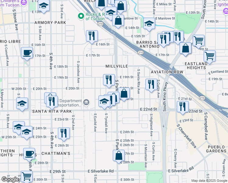 map of restaurants, bars, coffee shops, grocery stores, and more near 950 South Park Avenue in Tucson