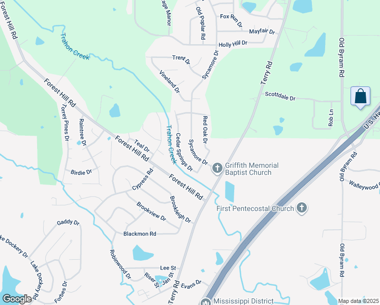 map of restaurants, bars, coffee shops, grocery stores, and more near 5246 Sycamore Drive in Jackson