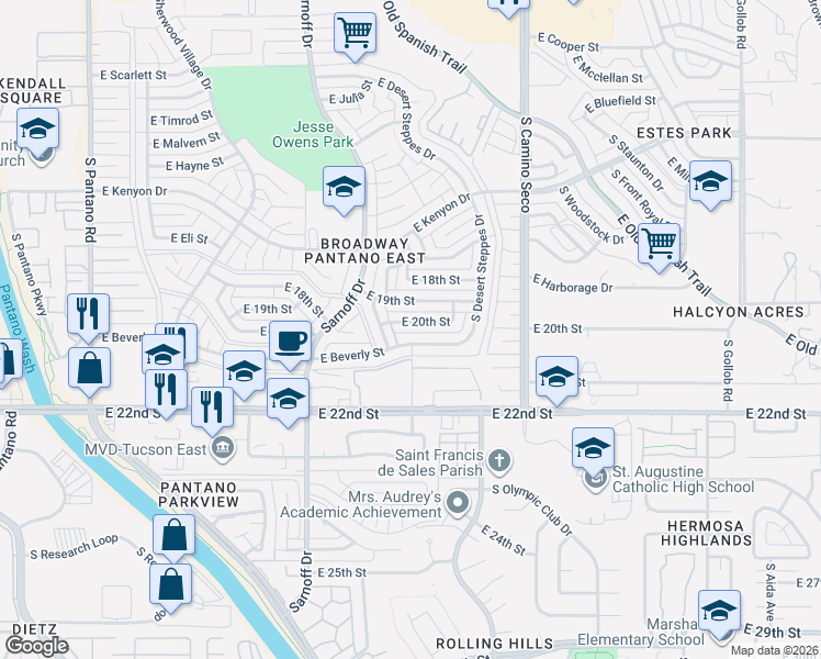map of restaurants, bars, coffee shops, grocery stores, and more near 8507 East 20th Street in Tucson