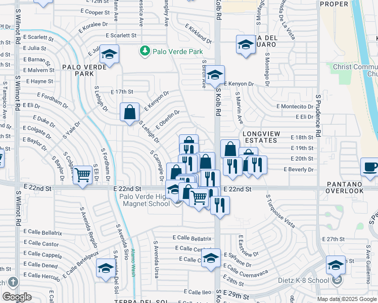 map of restaurants, bars, coffee shops, grocery stores, and more near 6933 East Douglas Place in Tucson