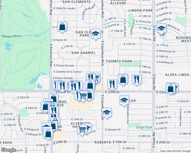 map of restaurants, bars, coffee shops, grocery stores, and more near 4216 East Camino de la Colina in Tucson