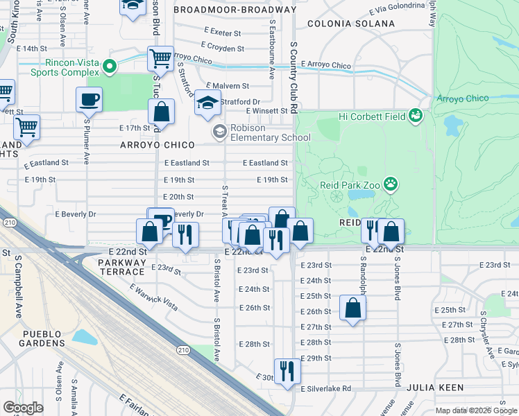 map of restaurants, bars, coffee shops, grocery stores, and more near 2844 East 20th Street in Tucson