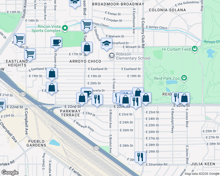 map of restaurants, bars, coffee shops, grocery stores, and more near 2738 East 20th Street in Tucson