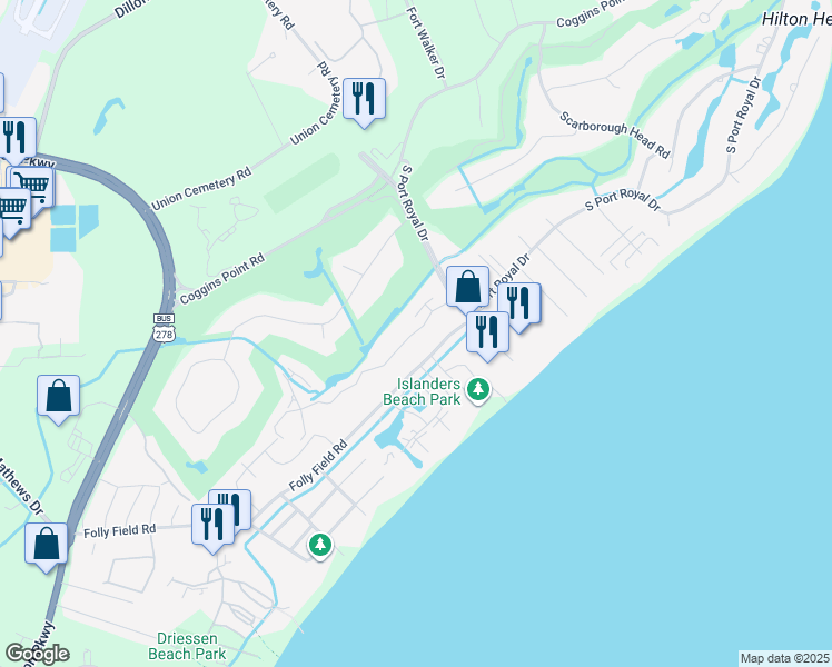 map of restaurants, bars, coffee shops, grocery stores, and more near 4 Wimbledon Court in Hilton Head Island