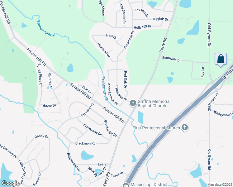 map of restaurants, bars, coffee shops, grocery stores, and more near 5246 Sycamore Drive in Jackson