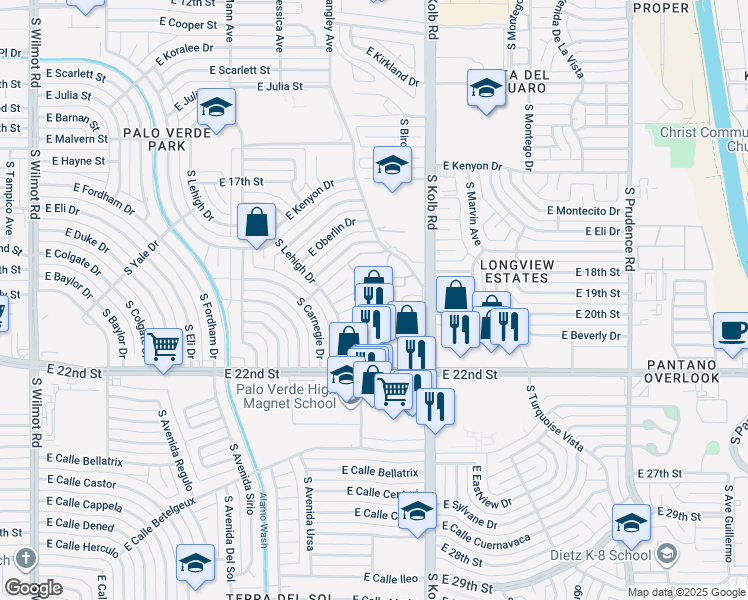 map of restaurants, bars, coffee shops, grocery stores, and more near 6933 East Douglas Place in Tucson