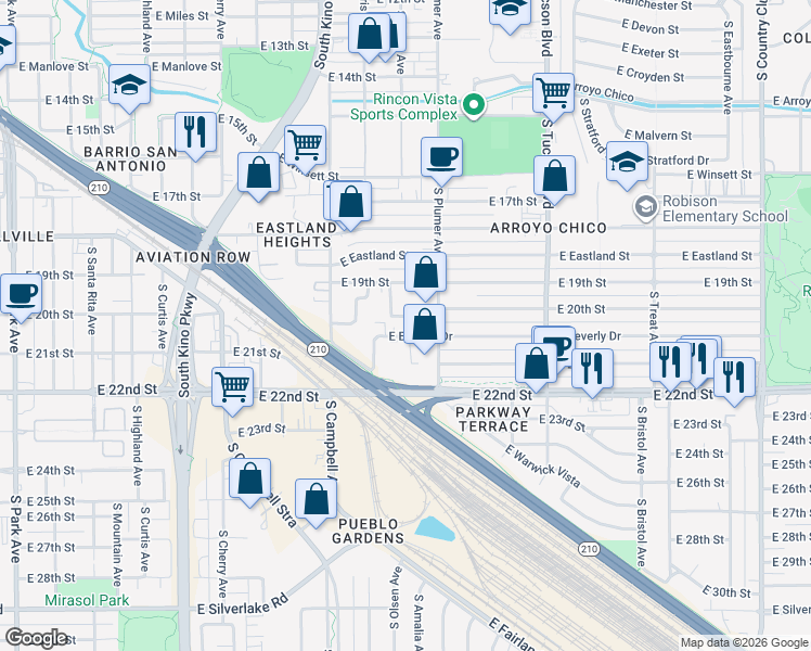 map of restaurants, bars, coffee shops, grocery stores, and more near South Norris Avenue in Tucson