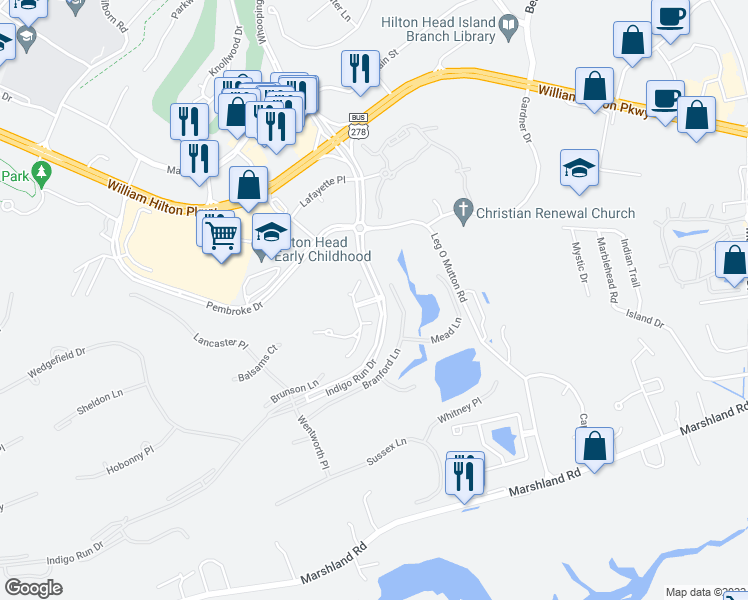 map of restaurants, bars, coffee shops, grocery stores, and more near 15 Indigo Run Drive in Hilton Head Island