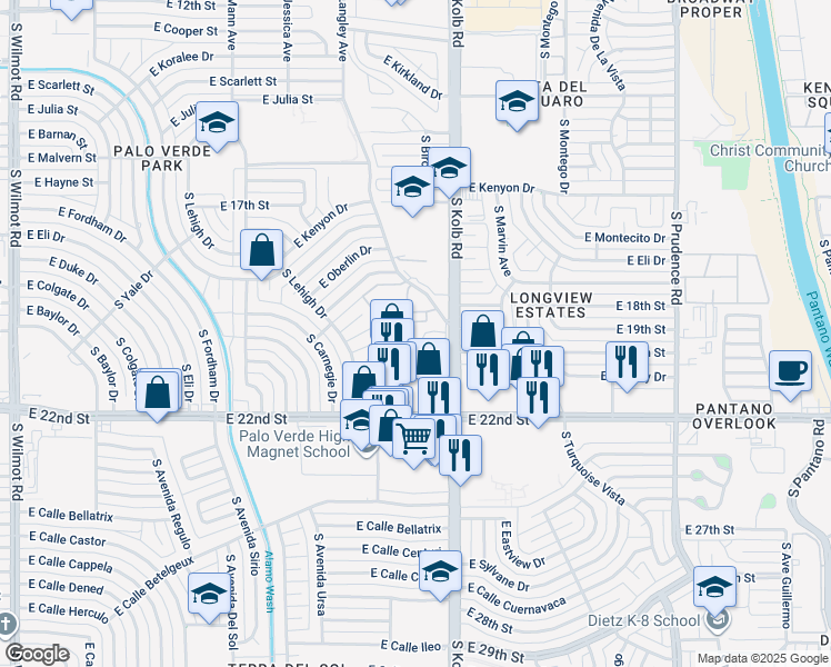 map of restaurants, bars, coffee shops, grocery stores, and more near 830 South Langley Avenue in Tucson