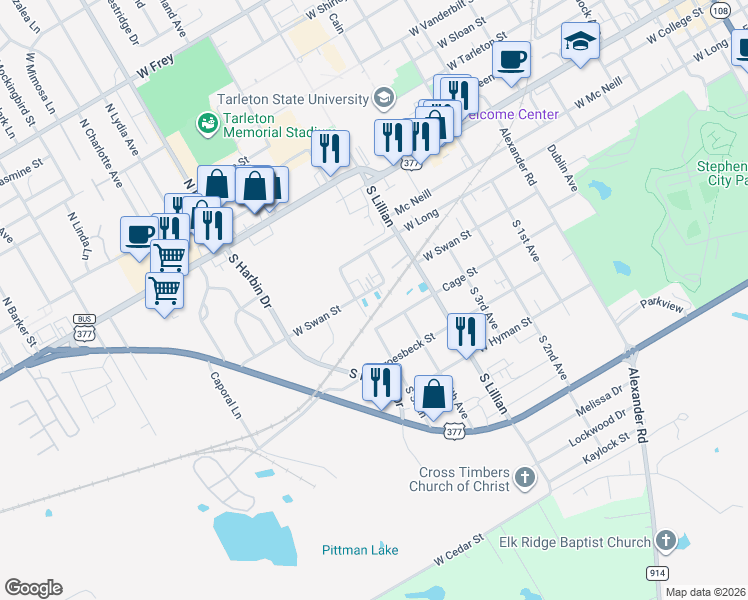 map of restaurants, bars, coffee shops, grocery stores, and more near 1609 West Swan Street in Stephenville