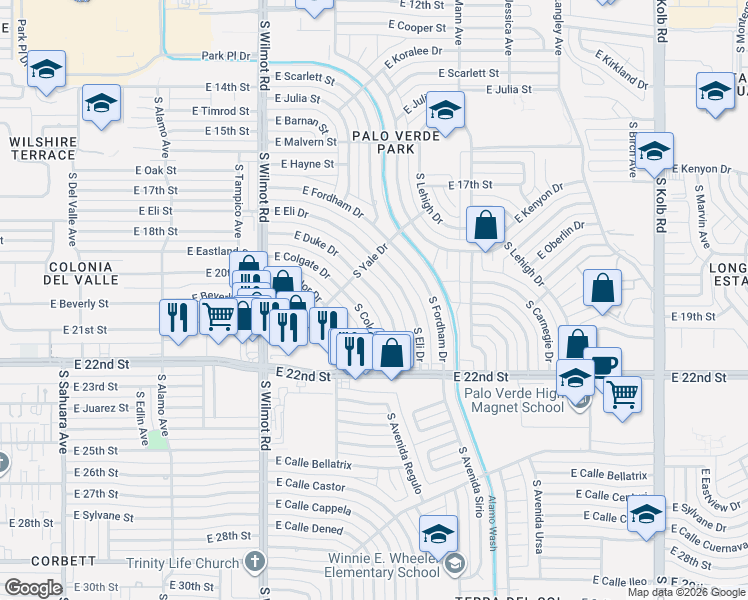 map of restaurants, bars, coffee shops, grocery stores, and more near 931 South Duke Drive in Tucson